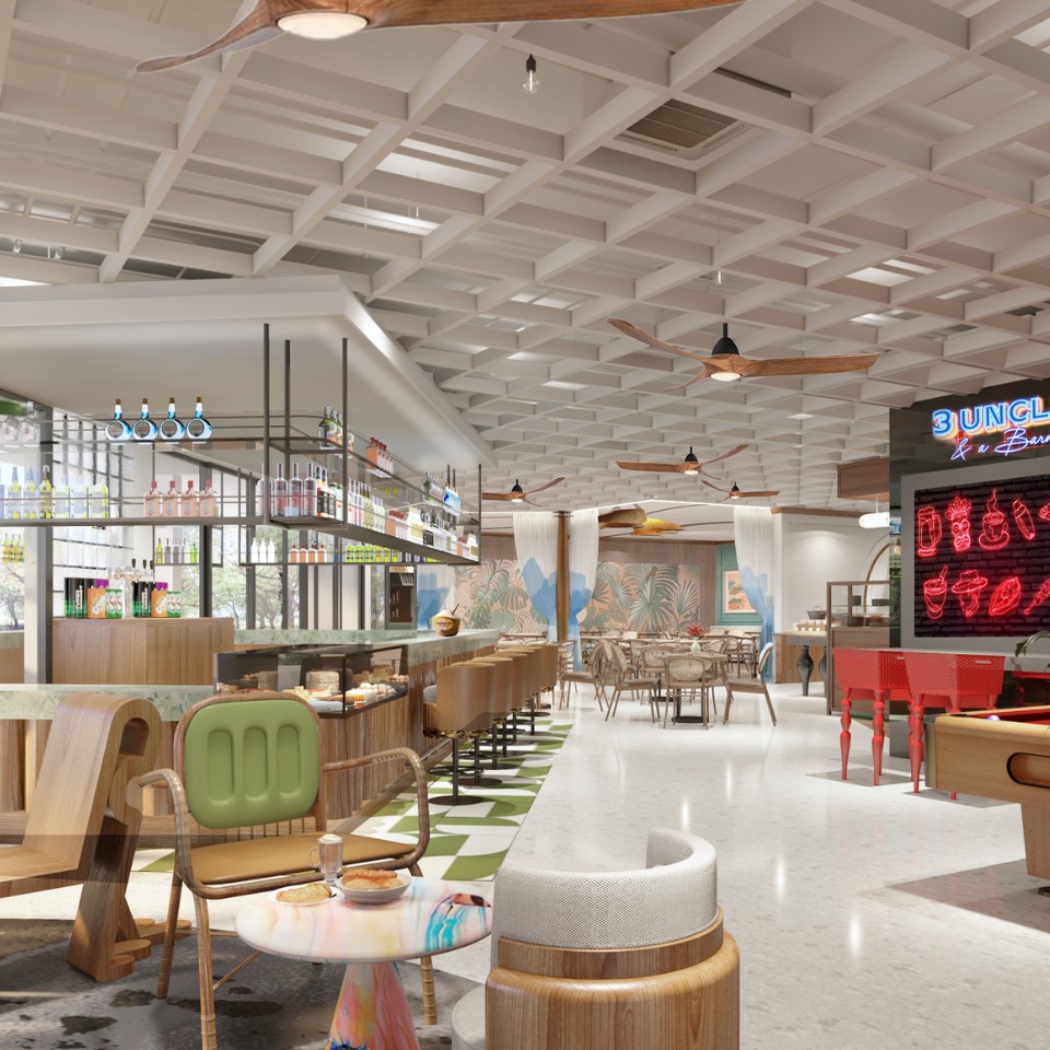 Stylish restaurant interior featuring a vibrant bar, modern seating, and tropical decor with a coffered ceiling and ceiling fans.