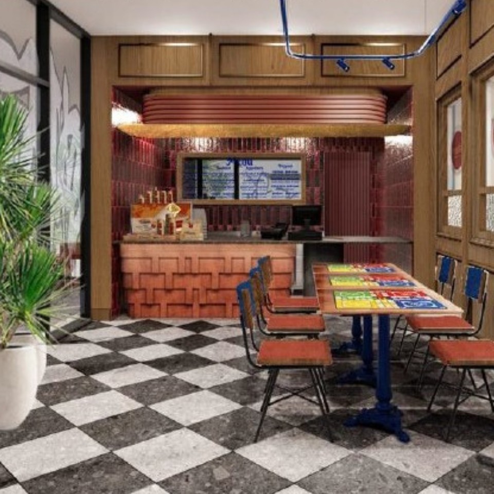 A modern lobby interior with checkered flooring, wooden counter, colorful menus on tables, against a stylish backdrop.